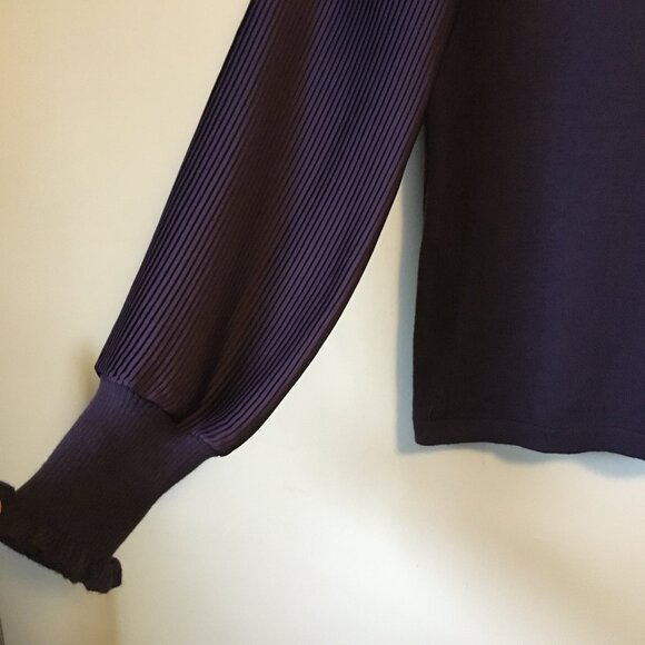 Plum Ribbed Balloon Sleeve Knit Mock Neck Frilly Sweater - Picture 4 of 16